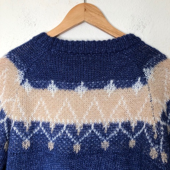 Mohair Knit Sweater XL Blue Beige Diamond Pattern Pullover Cozy Warm - Picture 10 of 14